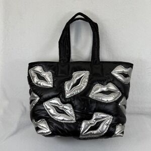 Wildfox Black Puffer Tote Bag Silver‎ Lips Print Quilted Carryall Handbag